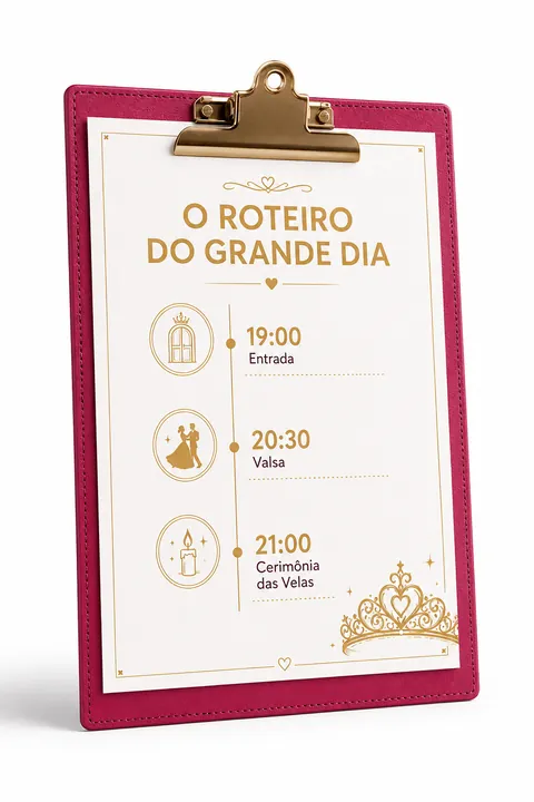 Mockup: prancheta com o roteiro hora a hora do grande dia
