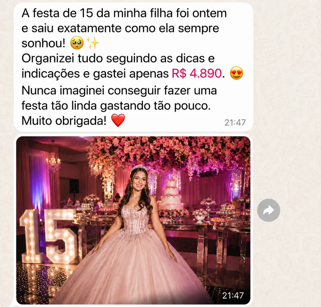 Depoimento WhatsApp com foto da festa de 15: debutante de vestido rosa